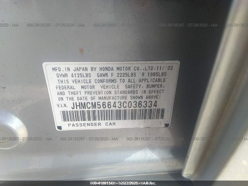 2003 Honda Accord 2.4 Ex VIN: JHMCM56643C036334 Lot: 41601541