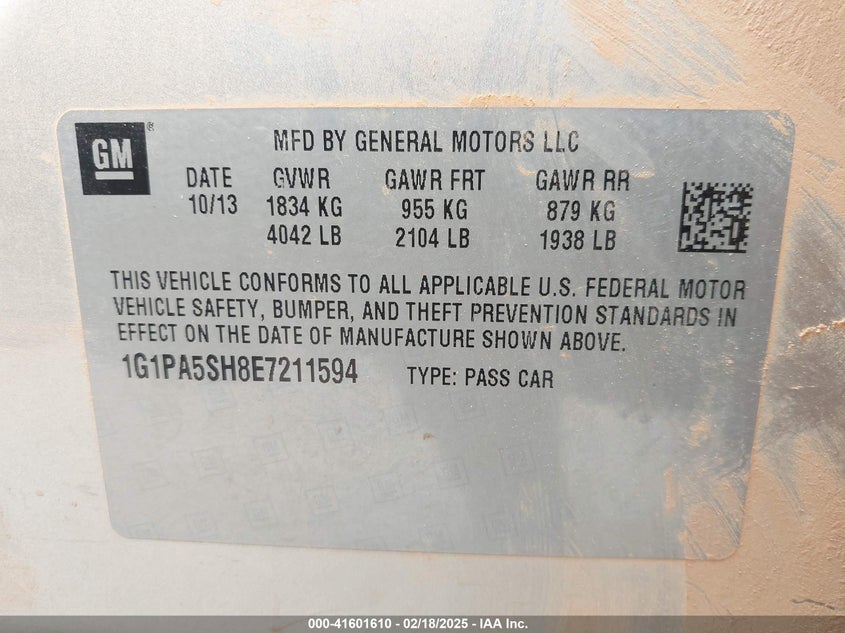 2014 CHEVROLET CRUZE VIN: 1G1PA5SH8E7211594