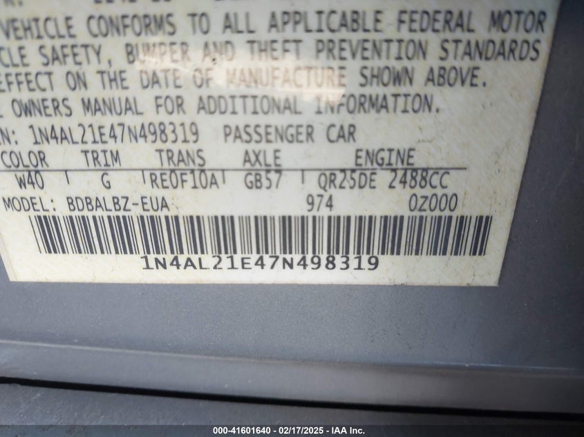2007 NISSAN ALTIMA VIN: 1N4AL21E47N498319