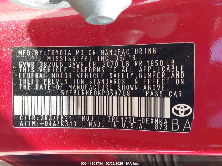 2019 TOYOTA COROLLA VIN: 5YFBURHE0KP858708