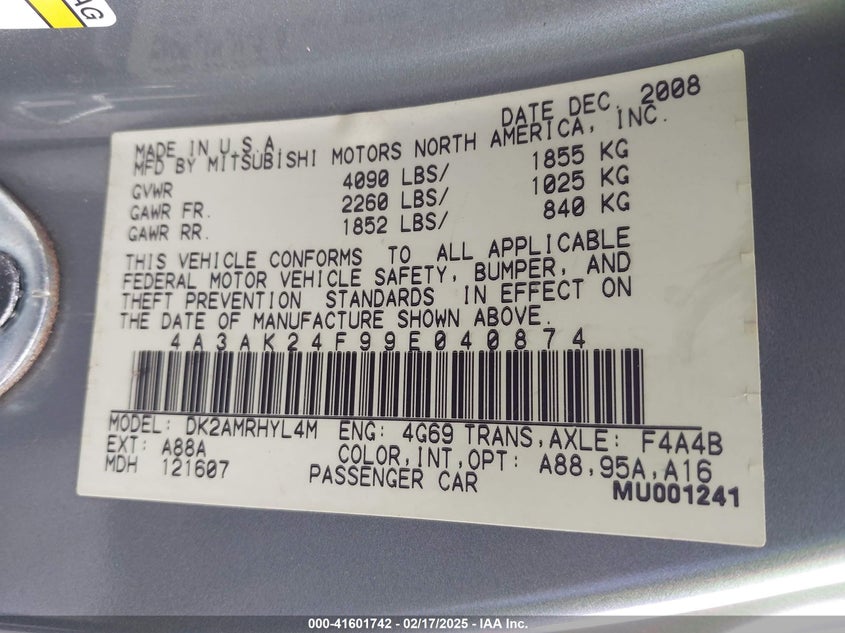 2009 Mitsubishi Eclipse Gs VIN: 4A3AK24F99E040874 Lot: 41601742