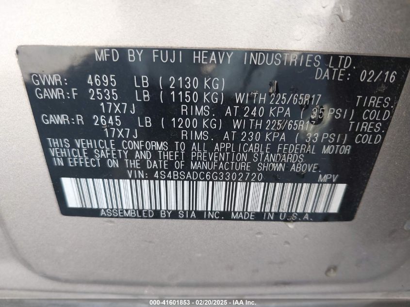 2016 Subaru Outback 2.5I Premium VIN: 4S4BSADC6G3302720 Lot: 41601853