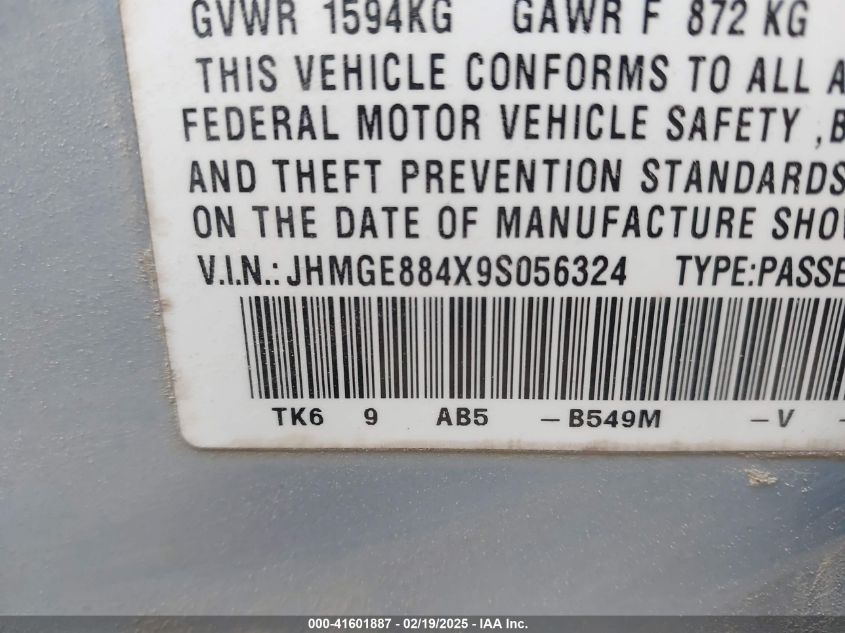 2009 Honda Fit Sport VIN: JHMGE884X9S056324 Lot: 41601887