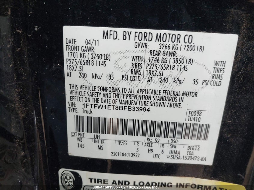 2011 FORD F150 VIN: 1FTFW1ET8BFB33994