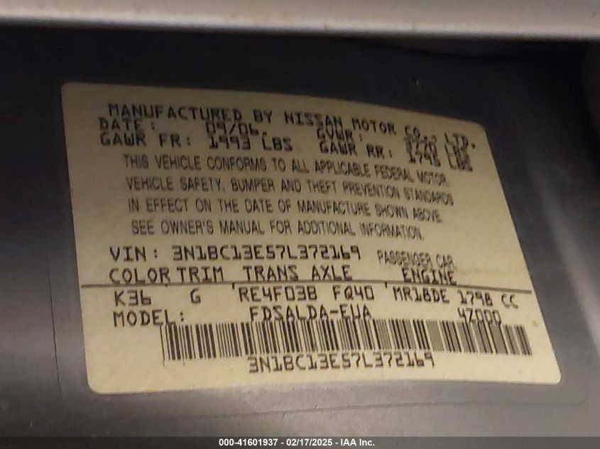 2007 Nissan Versa 1.8S/1.8Sl VIN: 3N1BC13E57LE72169 Lot: 41601937