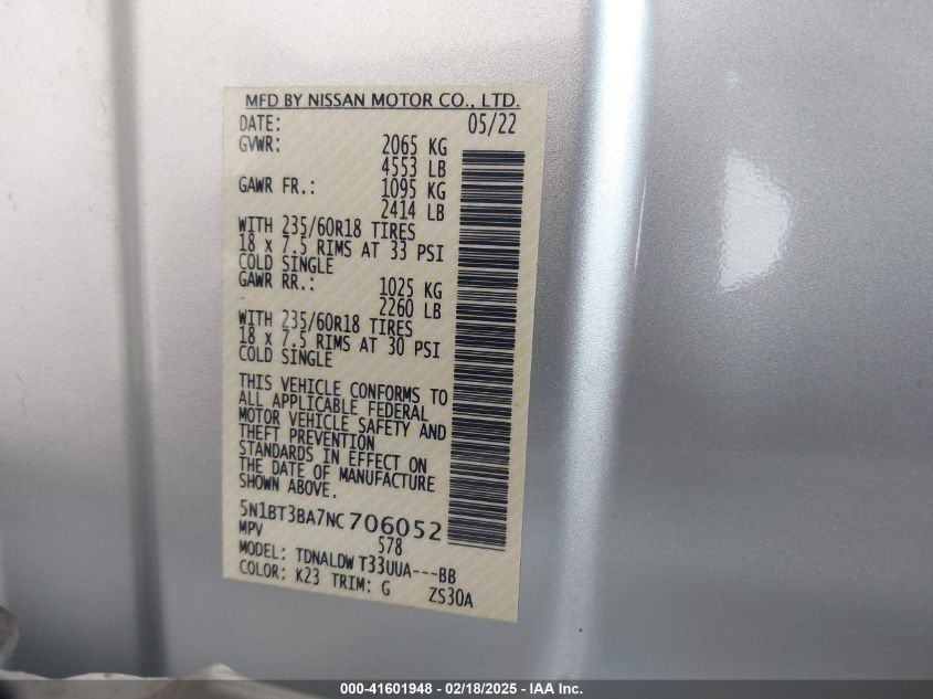 2022 Nissan Rogue Sv Fwd VIN: 5N1BT3BA7NC706052 Lot: 41601948