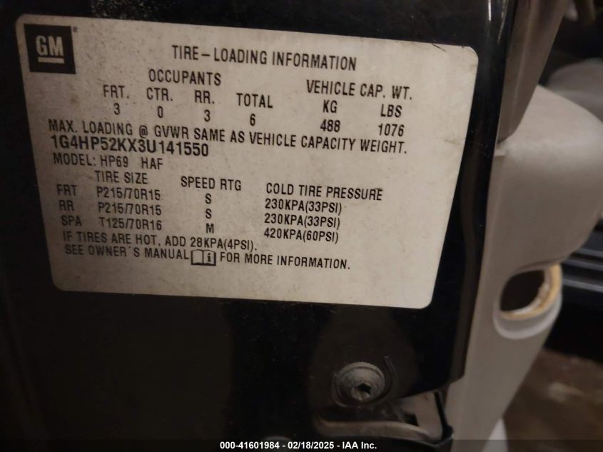 2003 Buick Lesabre Custom VIN: 1G4HP52KX34141550 Lot: 41601984