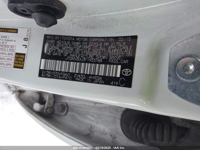 2015 TOYOTA PRIUS VIN: JTDKN3DU3F1933788