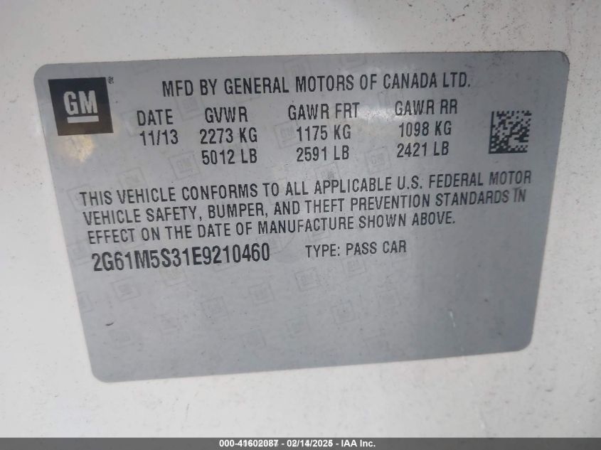 2014 Cadillac Xts Luxury VIN: 2G61M5S31E9210460 Lot: 41602087