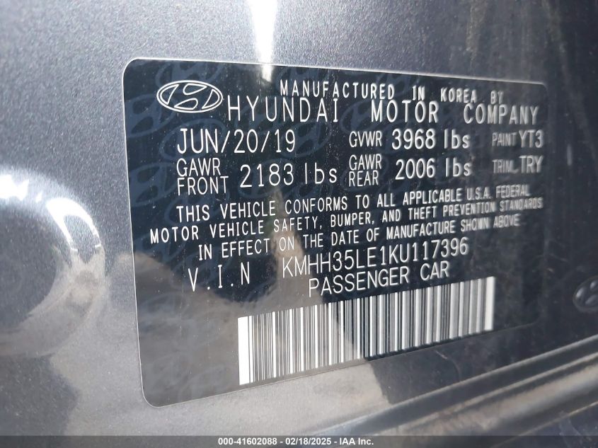 2019 Hyundai Elantra Gt VIN: KMHH35LE1KU117396 Lot: 41602088