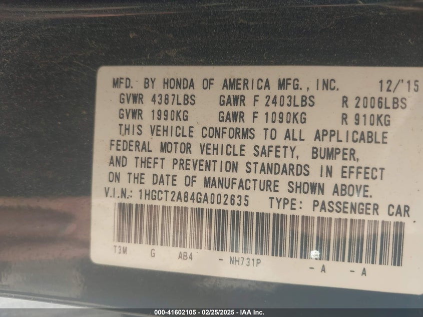 2016 HONDA ACCORD VIN: 1HGCT2A84GA002635