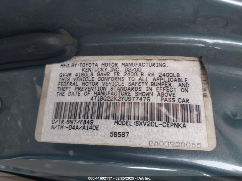 2000 Toyota Camry Le VIN: 4T1BG22K2YU977476 Lot: 41602117