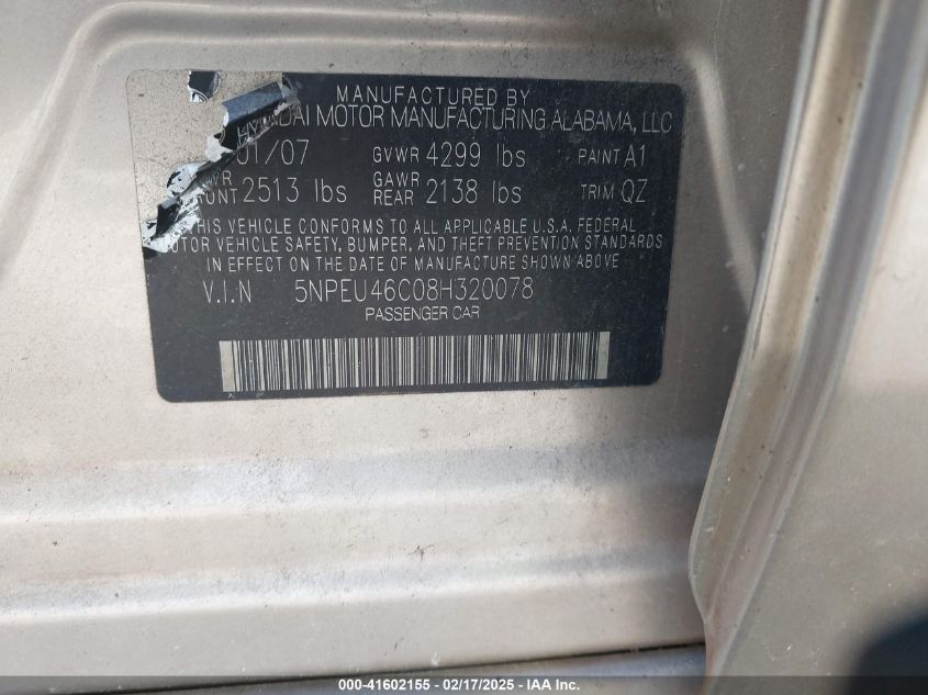 2008 Hyundai Sonata Limited/Se VIN: 5NPEU46C08H320078 Lot: 41602155