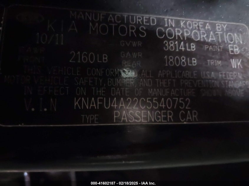 2012 KIA FORTE VIN: KNAFU4A22C5540752
