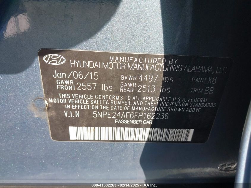 2015 Hyundai Sonata Se VIN: 5NPE24AF6FH162236 Lot: 41602263