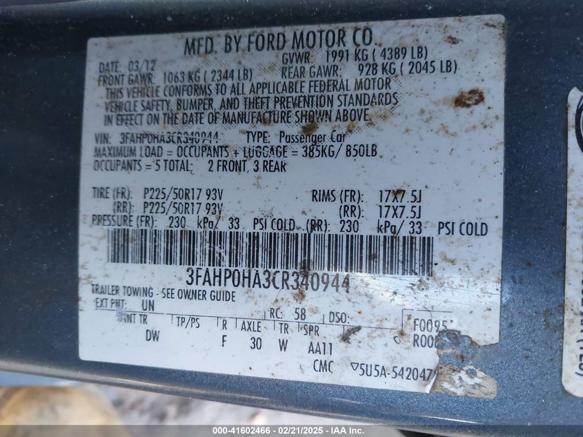 2012 Ford Fusion Se VIN: 3FAHP0HA3CR340944 Lot: 41602466