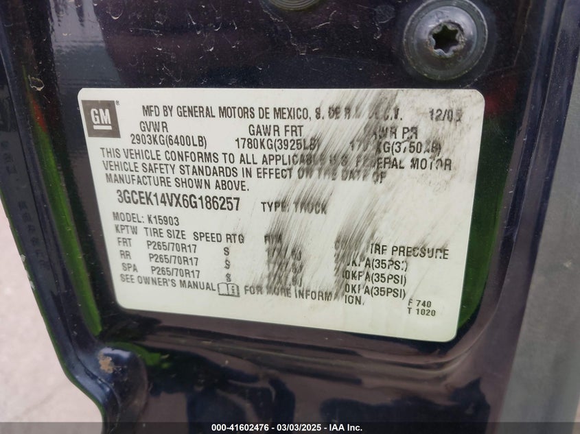 2006 CHEVROLET SILVERADO 1500 VIN: 3GCEK14VX6G186257