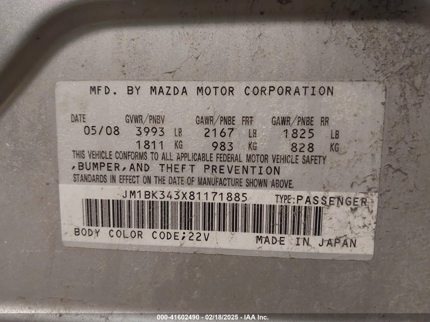 2008 MAZDA MAZDA3 VIN: JM1BK343X81171885