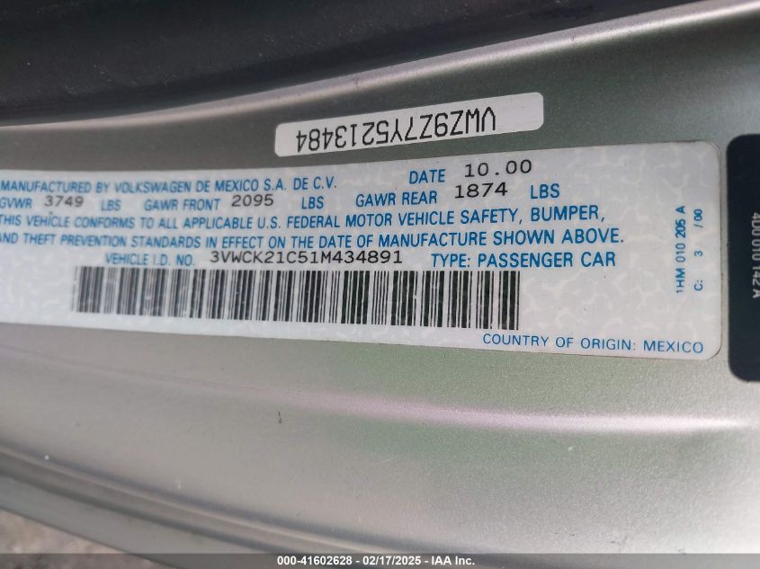 2001 Volkswagen New Beetle Gls VIN: 3VWCK21C51M434891 Lot: 41602628