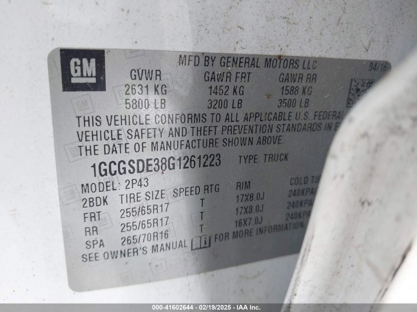 2016 Chevrolet Colorado Z71 VIN: 1GCGSDE38G1261223 Lot: 41602644