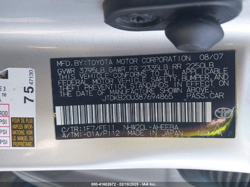 2008 Toyota Prius VIN: JTDKB20U387694865 Lot: 41602672