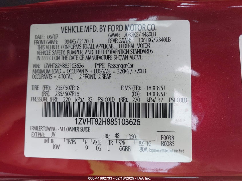 2008 Ford Mustang Gt Deluxe/Gt Premium VIN: 1ZVHT82H885103626 Lot: 41602793