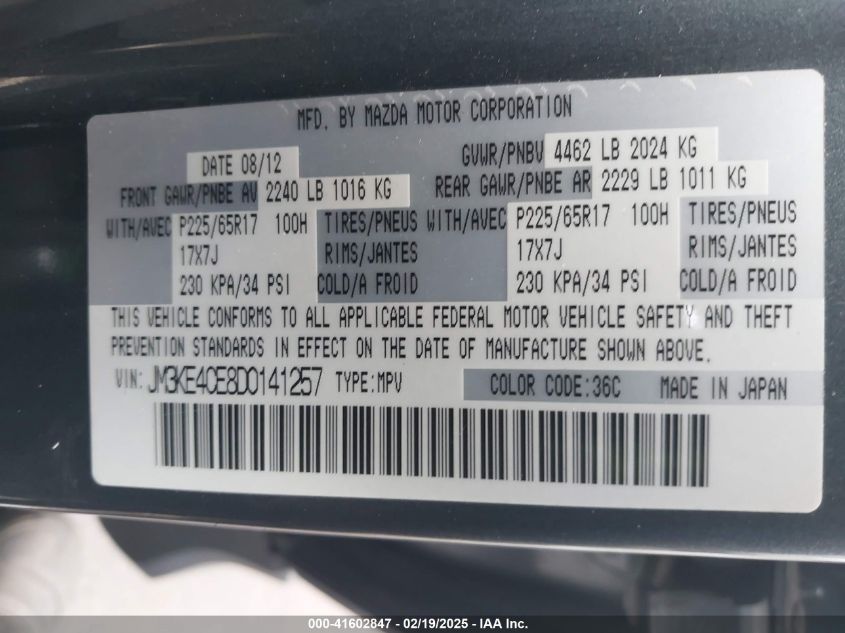 2013 Mazda Cx-5 Touring VIN: JM3KE4CE8D0141257 Lot: 41602847