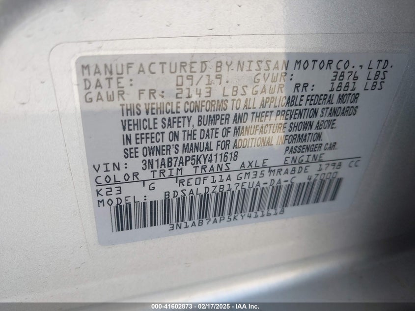 2019 NISSAN SENTRA VIN: 3N1AB7AP5KY411618