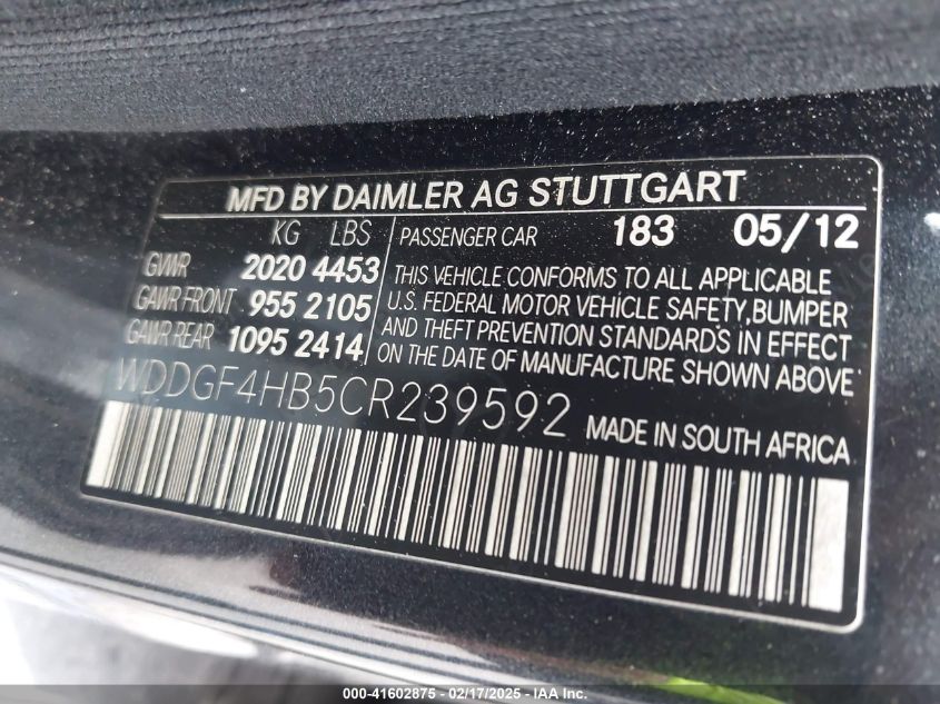 2012 Mercedes-Benz C 250 Luxury/Sport VIN: WDDGF4HB5CR239592 Lot: 41602875