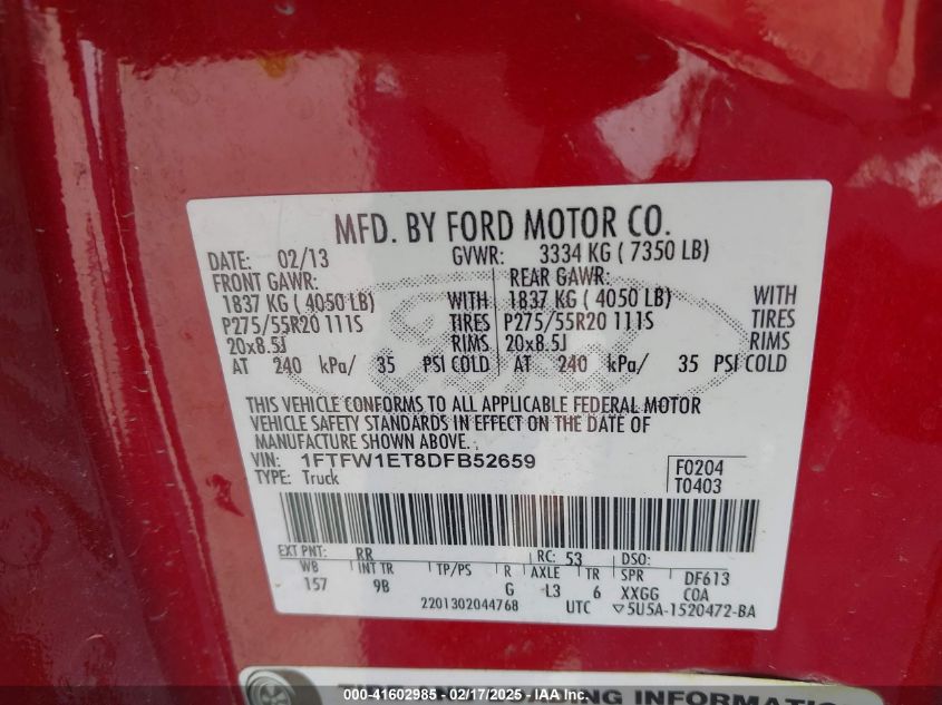 2013 Ford F-150 Platinum VIN: 1FTFW1ET8DFB52659 Lot: 41602985