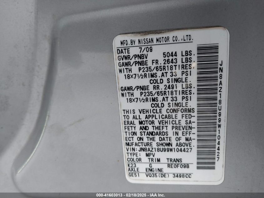 2009 Nissan Murano S VIN: JN8AZ18U99W104427 Lot: 41603013