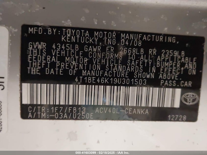 2009 TOYOTA CAMRY VIN: 4T1BE46K19U301503