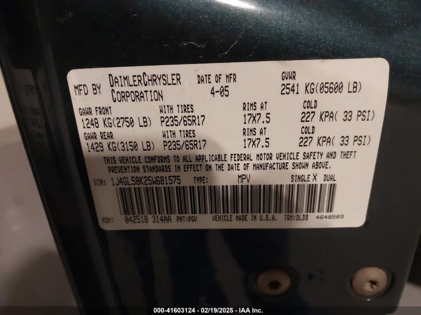 2005 Jeep Liberty Limited Edition VIN: 1J4GL58K25W681575 Lot: 41603124