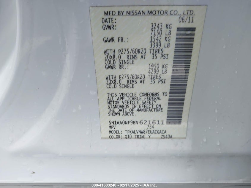 2011 Nissan Armada Platinum VIN: 5N1AA0NF9BN621611 Lot: 41603240