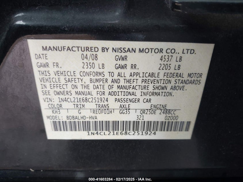 2008 NISSAN ALTIMA HYBRID VIN: 1N4CL21E68C251924