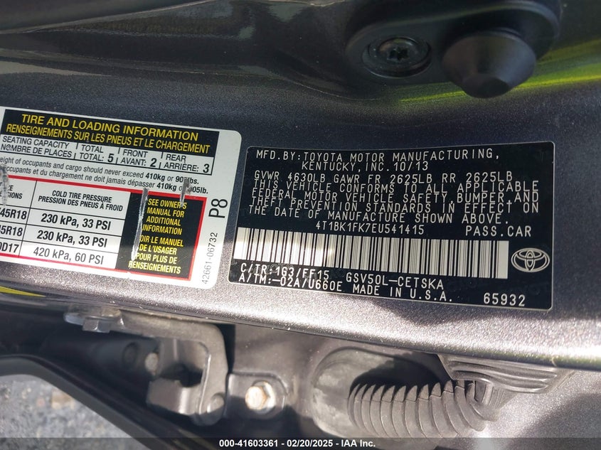 2014 TOYOTA CAMRY VIN: 4T1BK1FK7EU541415