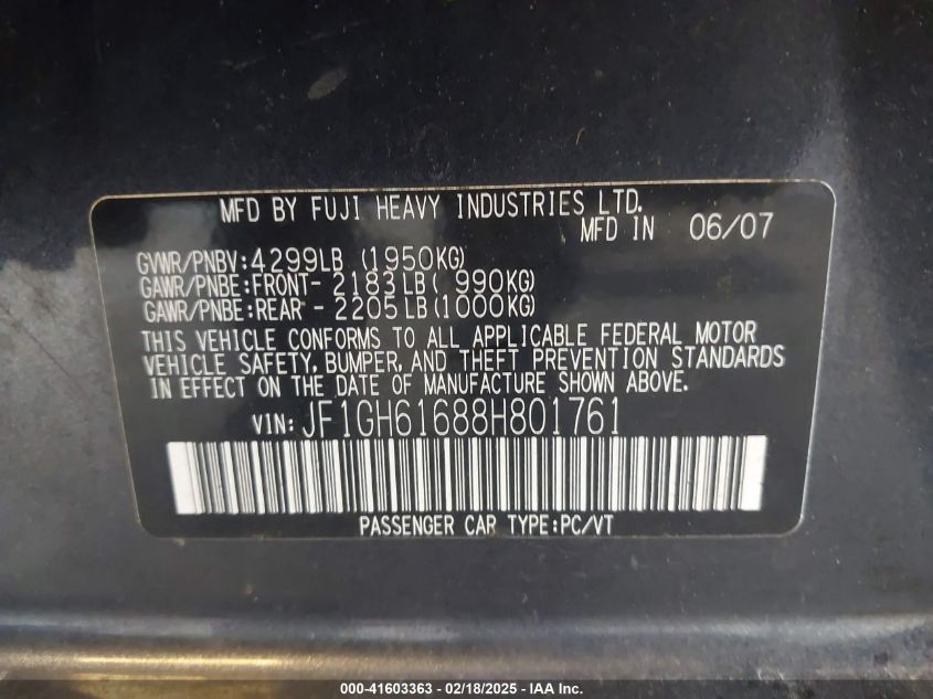 2008 Subaru Impreza 2.5I VIN: JF1GH61688H801761 Lot: 41603363