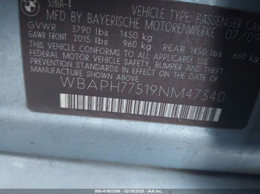 2009 BMW 328I VIN: WBAPH77519NM47340 Lot: 41603388