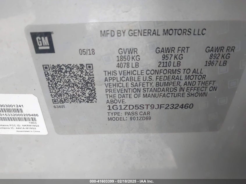 2018 CHEVROLET MALIBU VIN: 1G1ZD5ST9JF232460