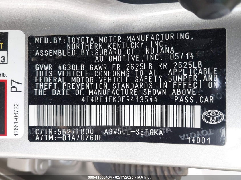 2014 TOYOTA CAMRY VIN: 4T4BF1FK0ER413544