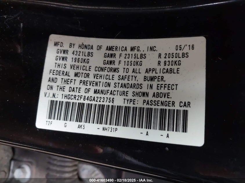 2016 HONDA ACCORD VIN: 1HGCR2F84GA223756