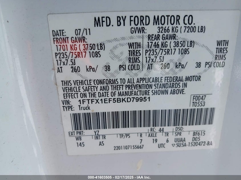 2011 FORD F-150 VIN: 1FTFX1EF5BKD79951
