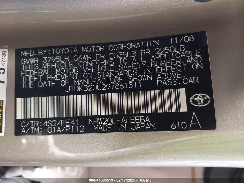 2009 TOYOTA PRIUS VIN: JTDKB20U297861511