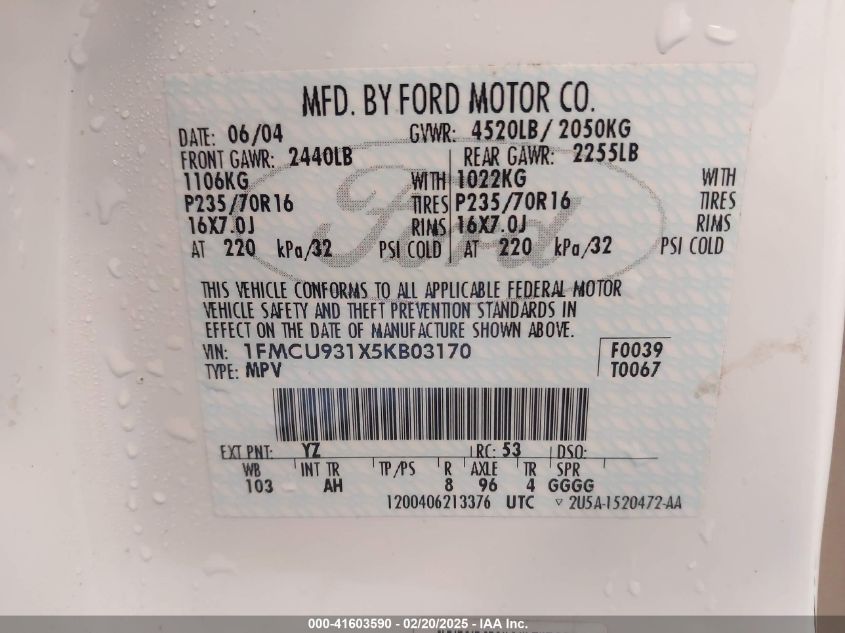 2005 Ford Escape Xlt VIN: 1FMCU931X5KB03170 Lot: 41603590