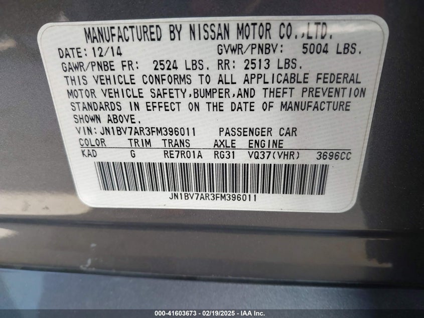2015 INFINITI Q50 VIN: JN1BV7AR3FM396011