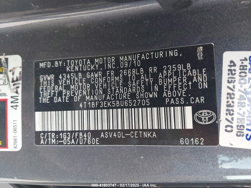 2011 TOYOTA CAMRY VIN: 4T1BF3EK5BU652705