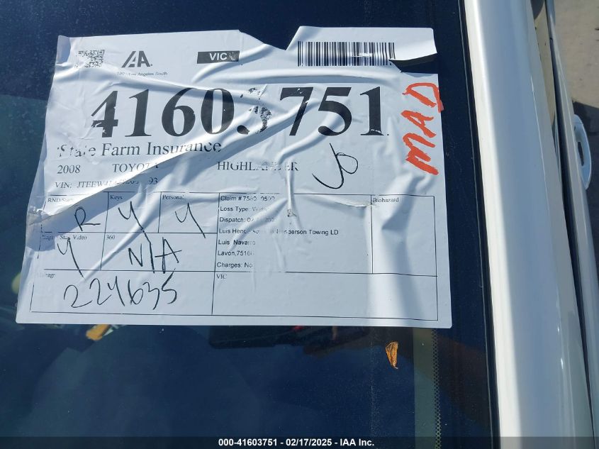 2008 Toyota Highlander Hybrid VIN: JTEEW41A382007393 Lot: 41603751