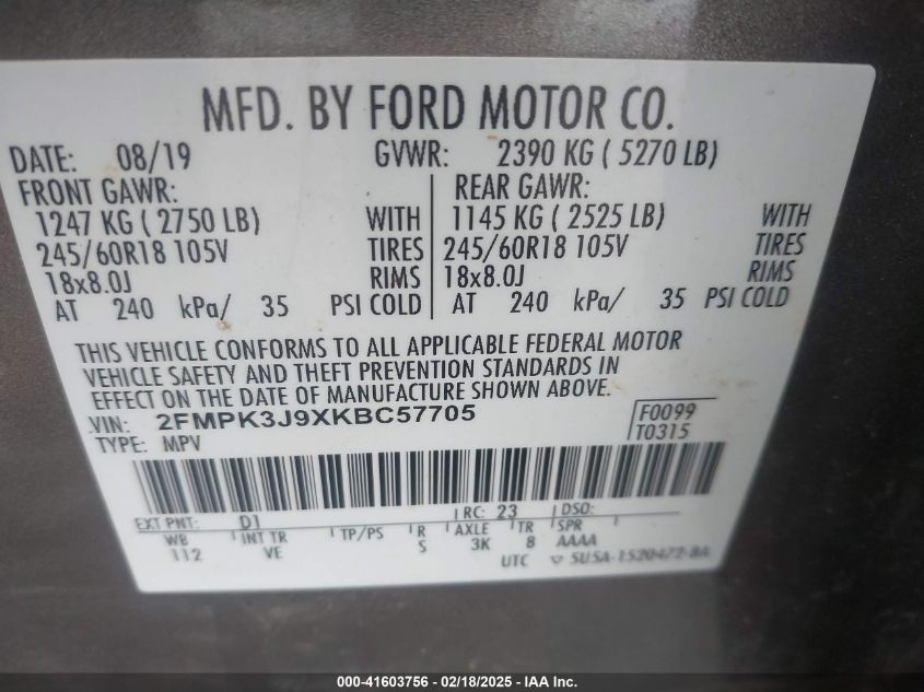 2019 Ford Edge Sel VIN: 2FMPK3J9XKBC57705 Lot: 41603756