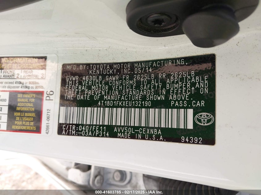 2014 TOYOTA CAMRY HYBRID VIN: 4T1BD1FKXEU132190