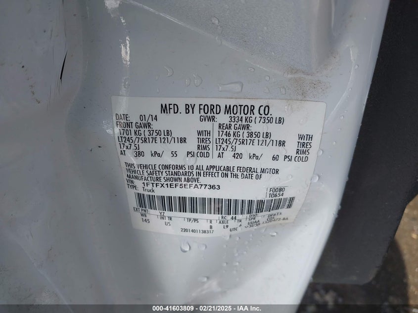 2014 FORD F-150 VIN: 1FTFX1EF5EFA77363
